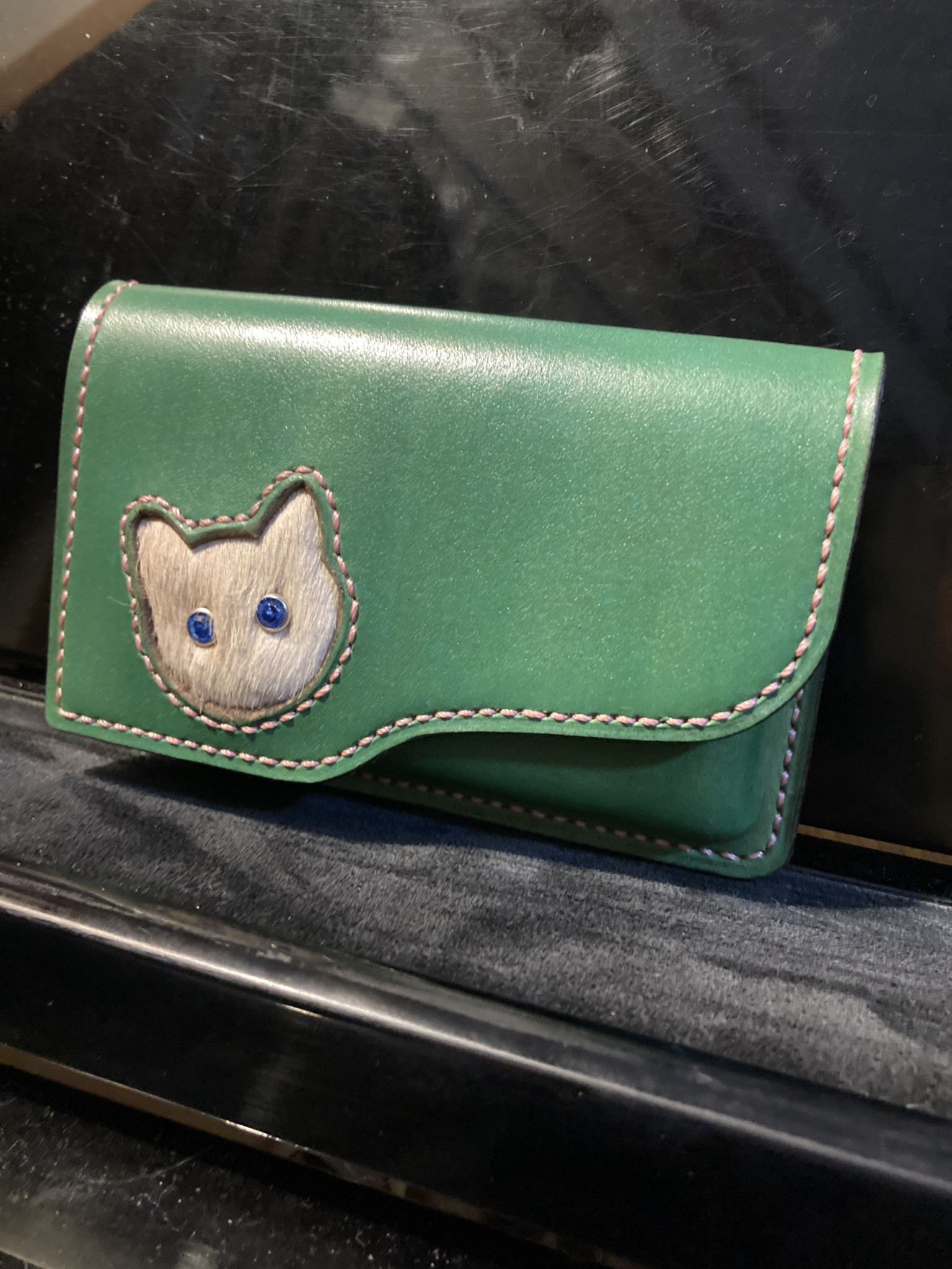 名刺入れ　にゃんこ緑