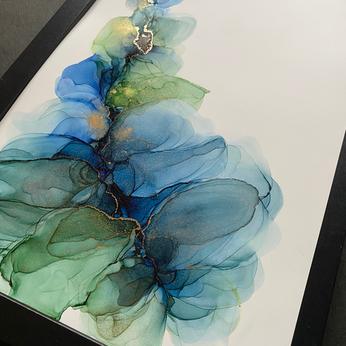 No.89 アルコールインクアート 原画 A4サイズ 絵 青 緑 絵画 森の星屑