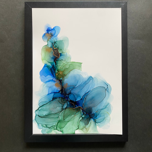 No.89 アルコールインクアート 原画 A4サイズ 絵 青 緑 絵画 森の星屑