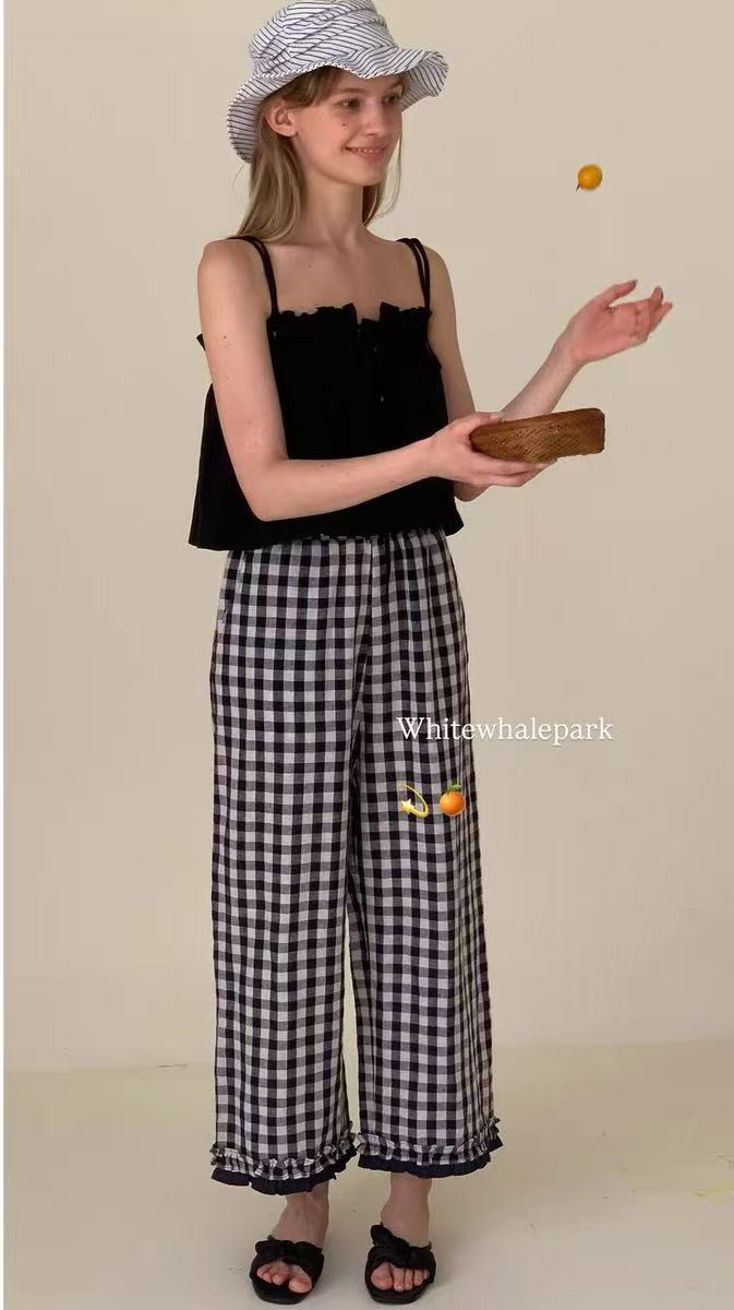 チェック柄パンツ　ハイウエスト　ロングパンツ　コットンリネン