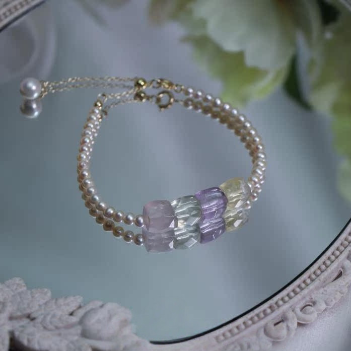 淡水パールのブレスレット バングル 真珠　淡水真珠　カラフル天然クリスタル　6月誕生石　夏の誕生石