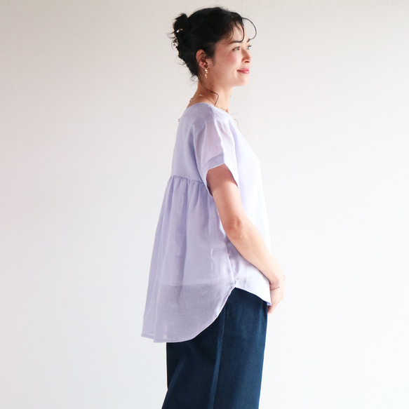本日5%offクーポン配布☆New涼感シアーリネン【ブルーラベンダー】背中ギャザー寄せ裾ラウンドプルオーバー♥ 2枚目の画像