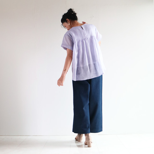 本日5%offクーポン配布☆New涼感シアーリネン【ブルーラベンダー】背中ギャザー寄せ裾ラウンドプルオーバー♥ 5枚目の画像