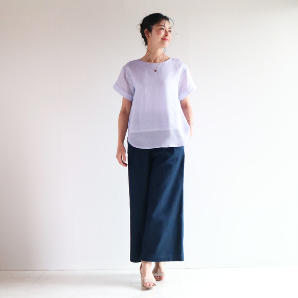 本日5%offクーポン配布☆New涼感シアーリネン【ブルーラベンダー】背中ギャザー寄せ裾ラウンドプルオーバー♥ 6枚目の画像