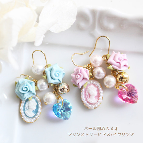 送料無料】【リニューアル】パール枠カメオと薔薇アシンメトリーピアス 