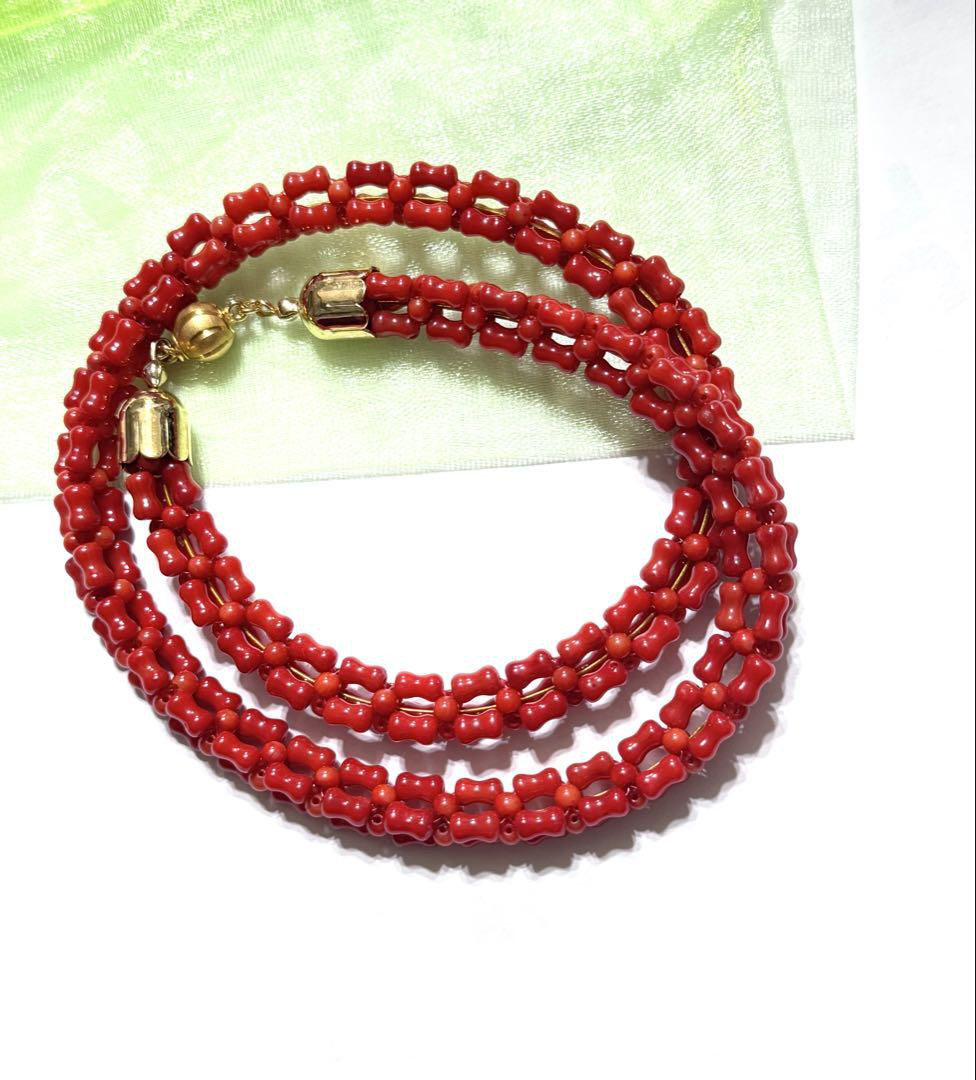 花編み　珊瑚ネックレス レッドサンゴ コーラル