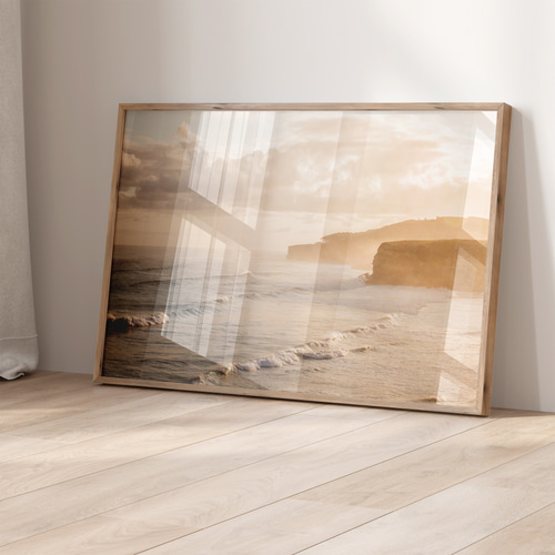 アートポスター 朝日 海岸線 海景色 ベージュ 淡いブルー 北欧風