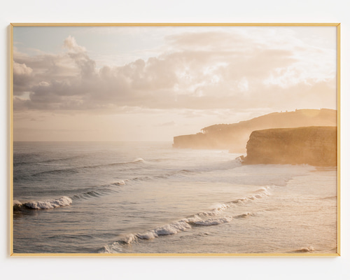 アートポスター 朝日 海岸線 海景色 ベージュ 淡いブルー 北欧風