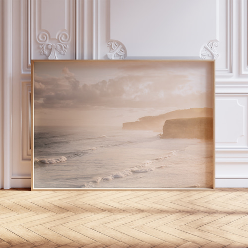 アートポスター 朝日 海岸線 海景色 ベージュ 淡いブルー 北欧風