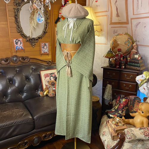 着物リメイク ロング ワンピース ドレス 洗える 化繊 名古屋帯ベルト