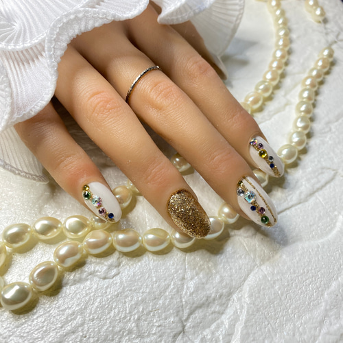 再販2☆クリーム/ゴールド/ラインアート/ラメ/ゴールド/オフ