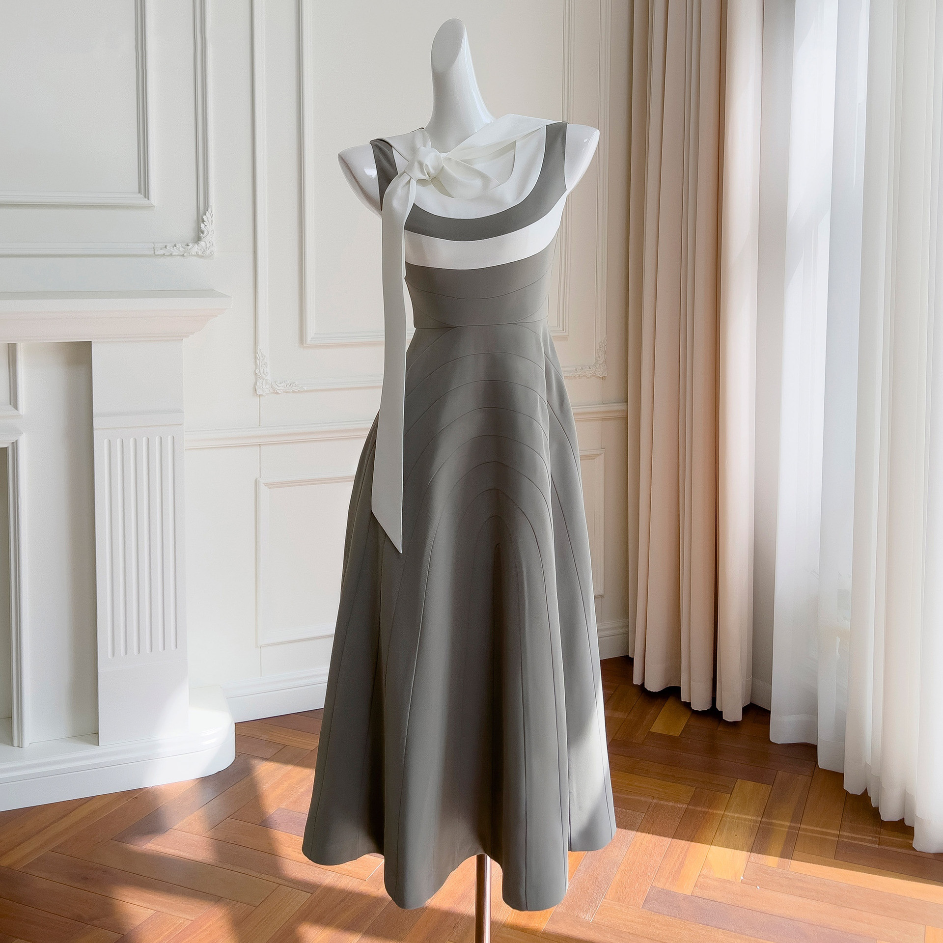 ドレス パーティー ウェディング ワンピース ロング プリンセス グレー 高級感 上品 優雅 韓国風 結婚式 お呼ばれ