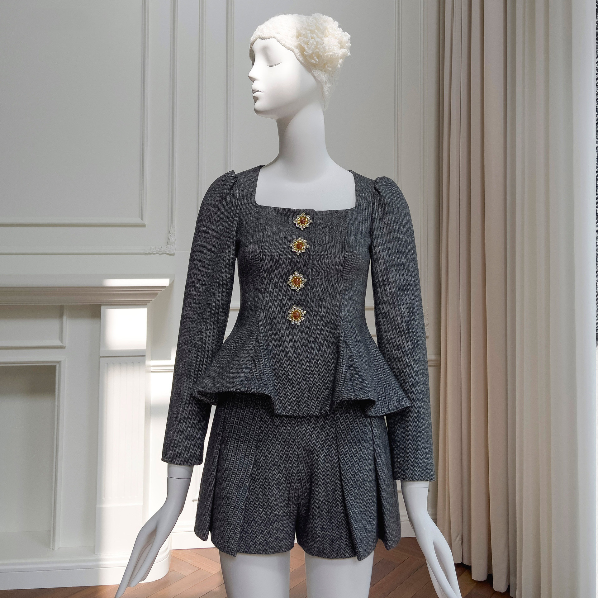 ドレス パーティー ウェディング 上下セット 長袖 パンツ グレー 高級感 上品 優雅 韓国風 結婚式 お呼ばれ