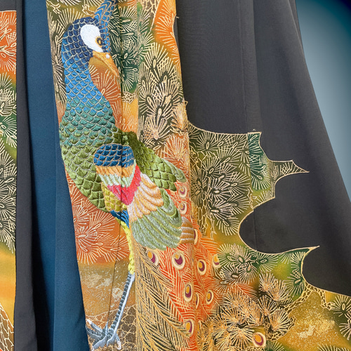 孔雀刺繍 着丈110cm 留袖 アクセントカラーワンピース フォーマル 着物