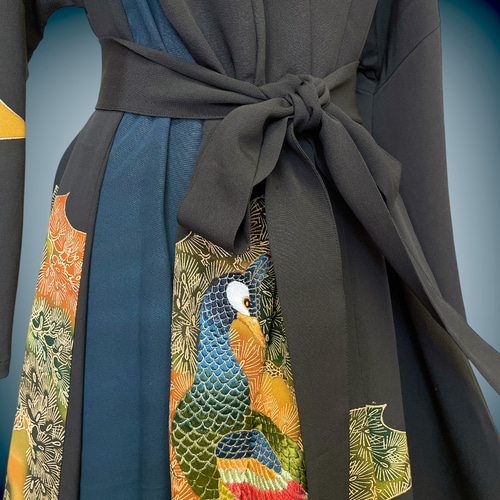 孔雀刺繍 着丈110cm 留袖 アクセントカラーワンピース フォーマル 着物