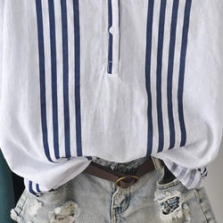 綿.アシンメトリーVネック 縦ストライプ 五分袖シャツ/柔らかく肌触りが良く/無地でどんなスタイルにも合います 7枚目の画像