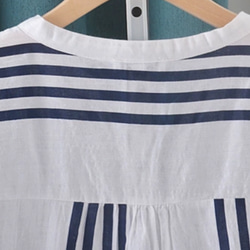 綿.アシンメトリーVネック 縦ストライプ 五分袖シャツ/柔らかく肌触りが良く/無地でどんなスタイルにも合います 9枚目の画像