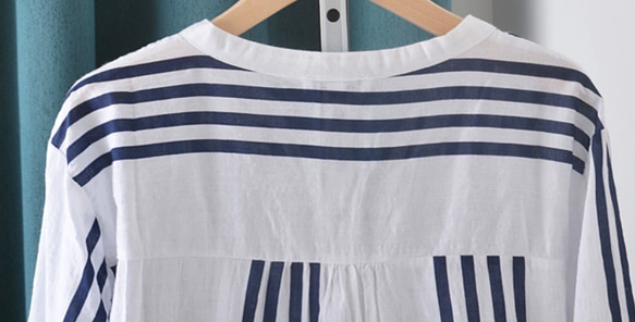 綿.アシンメトリーVネック 縦ストライプ 五分袖シャツ/柔らかく肌触りが良く/無地でどんなスタイルにも合います 9枚目の画像