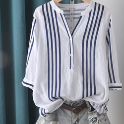 綿.アシンメトリーVネック 縦ストライプ 五分袖シャツ/柔らかく肌触りが良く/無地でどんなスタイルにも合います 2枚目の画像