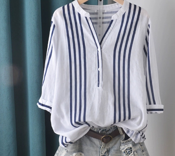 綿.アシンメトリーVネック 縦ストライプ 五分袖シャツ/柔らかく肌触りが良く/無地でどんなスタイルにも合います 2枚目の画像
