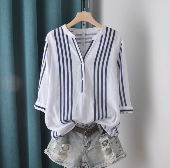 綿.アシンメトリーVネック 縦ストライプ 五分袖シャツ/柔らかく肌触りが良く/無地でどんなスタイルにも合います 1枚目の画像