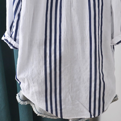 綿.アシンメトリーVネック 縦ストライプ 五分袖シャツ/柔らかく肌触りが良く/無地でどんなスタイルにも合います 10枚目の画像