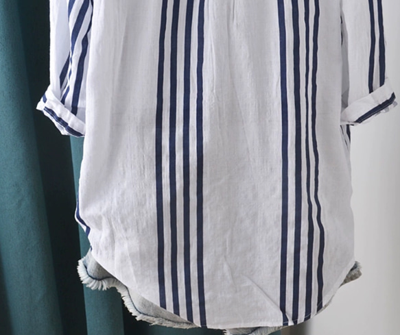 綿.アシンメトリーVネック 縦ストライプ 五分袖シャツ/柔らかく肌触りが良く/無地でどんなスタイルにも合います 10枚目の画像