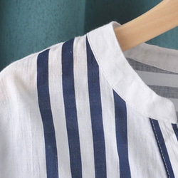綿.アシンメトリーVネック 縦ストライプ 五分袖シャツ/柔らかく肌触りが良く/無地でどんなスタイルにも合います 6枚目の画像
