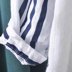 綿.アシンメトリーVネック 縦ストライプ 五分袖シャツ/柔らかく肌触りが良く/無地でどんなスタイルにも合います 11枚目の画像