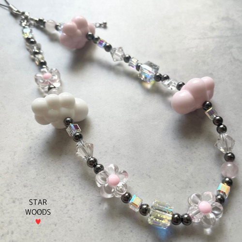 CLOUD FLOWER】ビーズストラップ/雲/お花/ローズクォーツ/クリスタル