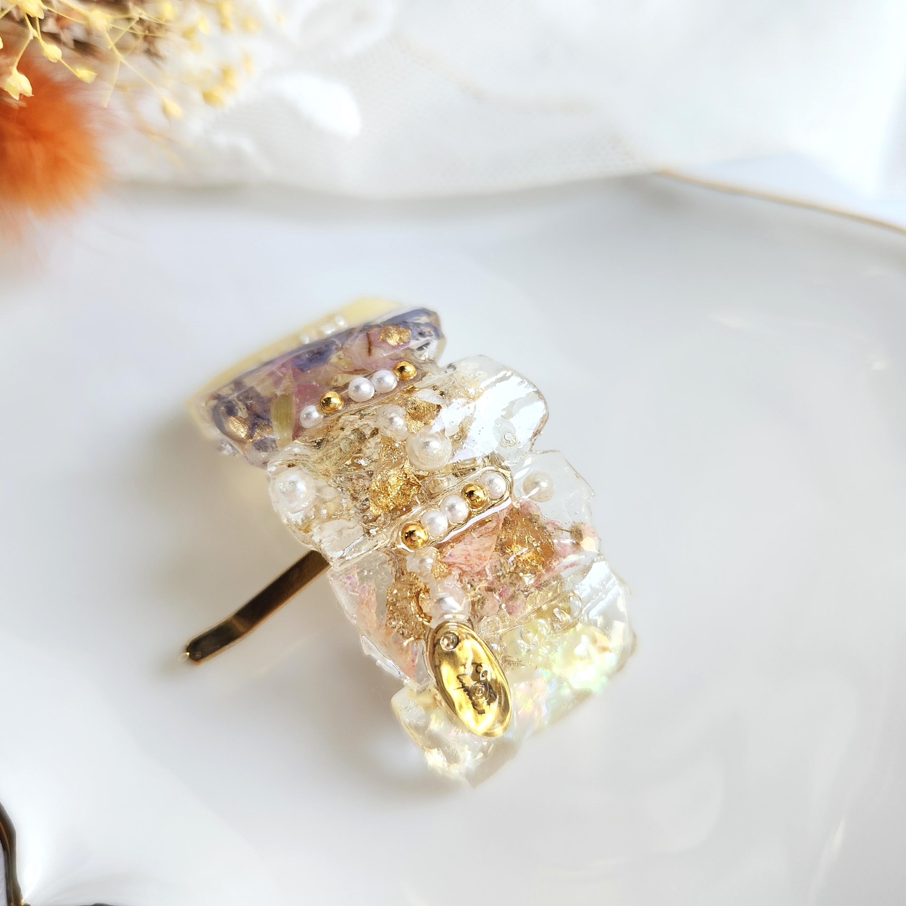 【イエロー】綺麗め 鉱石 フラワー レジン♡ドライフラワー 上品 簡単アレンジ ヘアアクセサリー 髪飾り ヘアアクセ