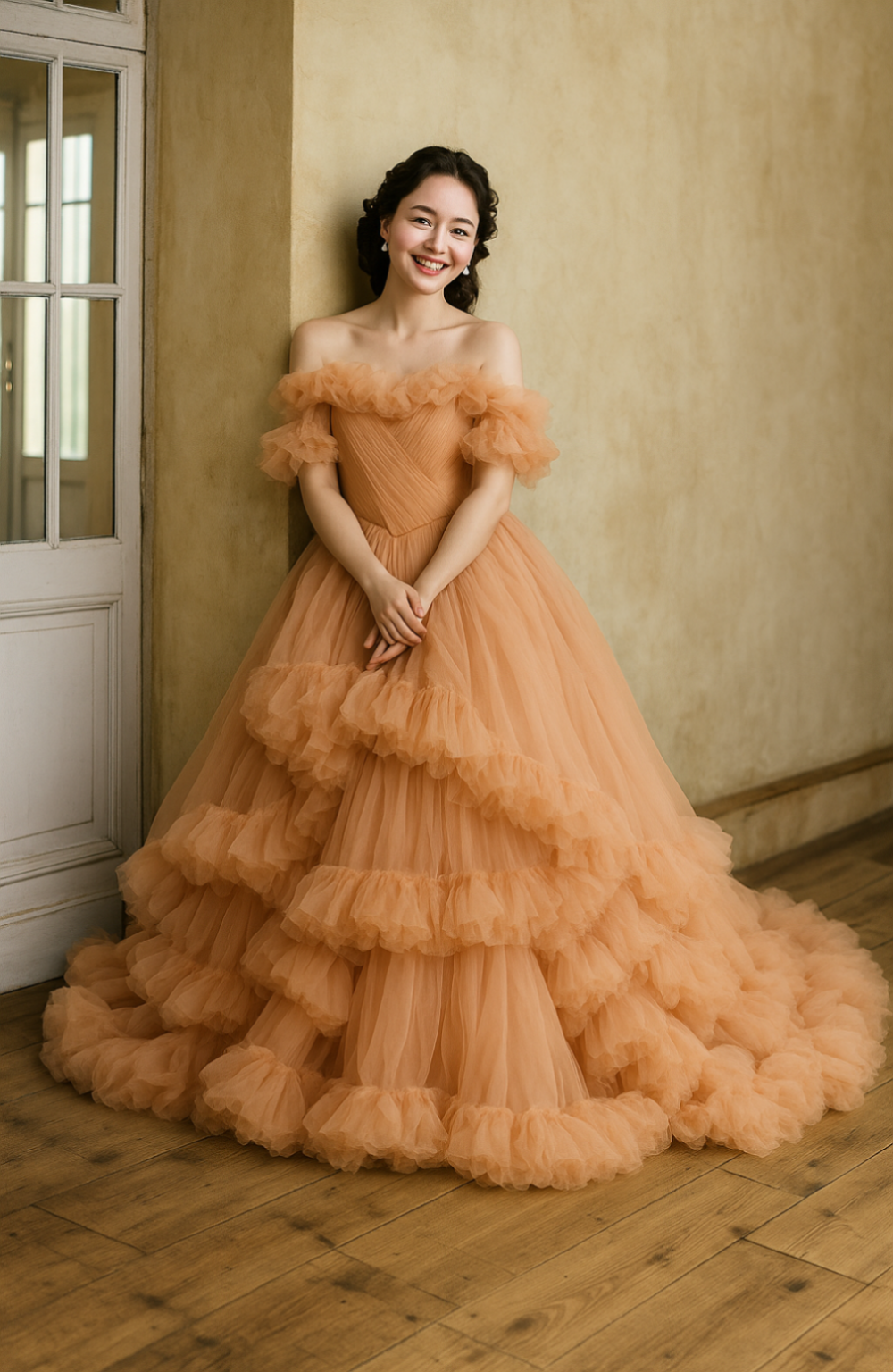 韓国風ふわもこカラードレス　ティアードスカート　チュールフリル　ピンクベージュ　オフショルダー　結婚式　前撮り　二次