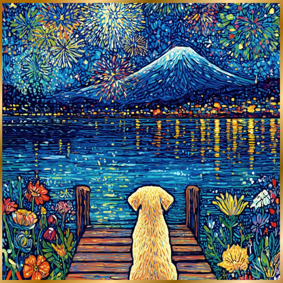君と見た夏 - ゴールデンレトリバー犬】富士山・花火・幻想的
