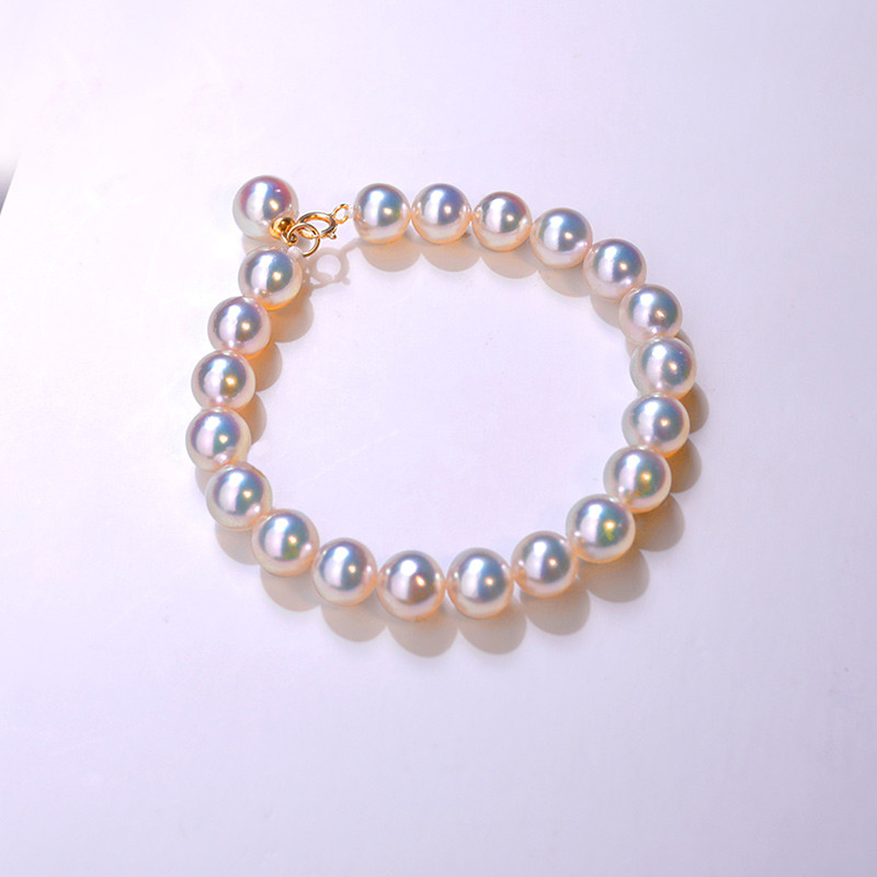 【La Corser】日本製 4-8mm アコヤ天然海水ラウンドパールブレスレット 18Kゴールド 非常に明るいホワイトとピンク