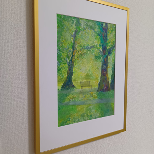 木漏れ日　オイルパステル原画　A4サイズ 木漏れ日 A4サイズ オイルパステル原画 絵画 ゆうまめ 通販