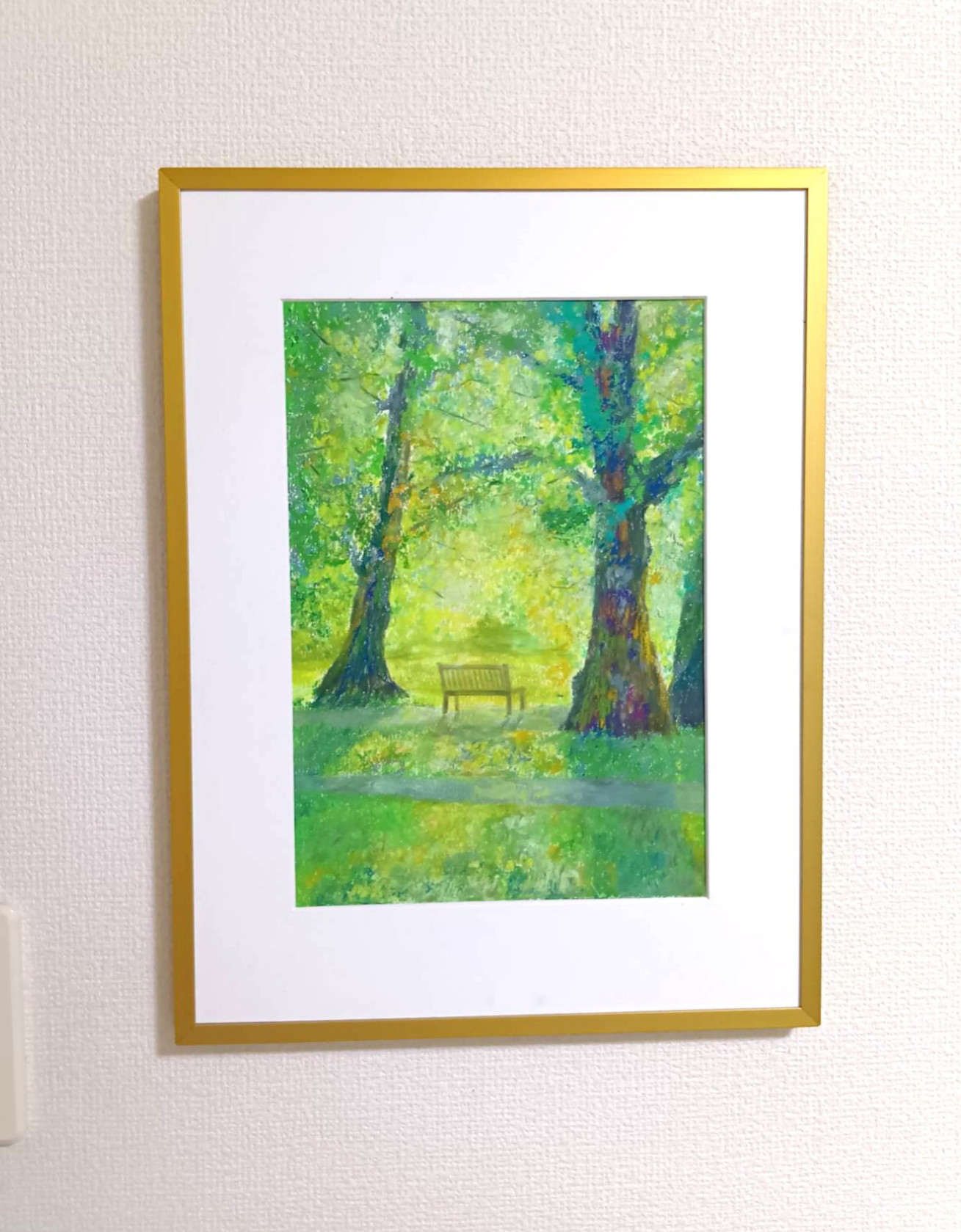 木漏れ日　オイルパステル原画　A4サイズ 木漏れ日 A4サイズ オイルパステル原画 絵画 ゆうまめ 通販