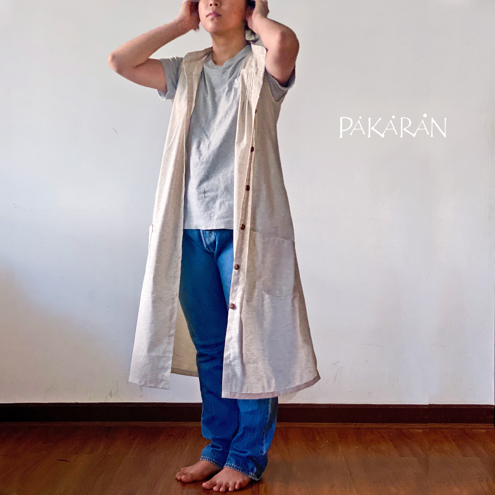 【SALE!】リネンコットンのシャツワンピース 春から秋まで使えるノースリーブブラウス・きなり