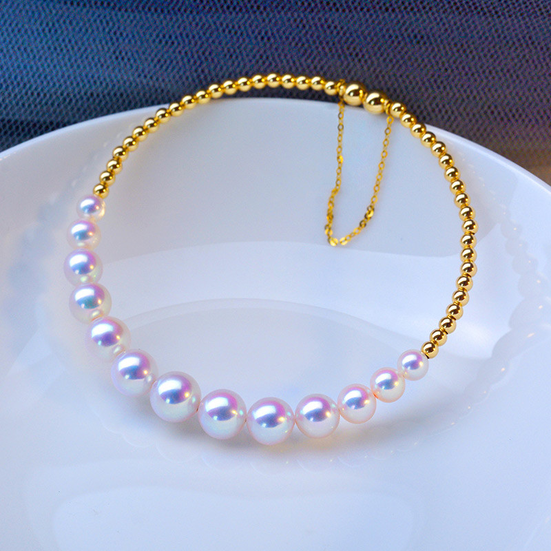 [ラコルセ] タワービーズデザイン 日本製 4-8.5mm アコヤ天然海水丸型真珠ブレスレット 18Kゴールドブレスレット