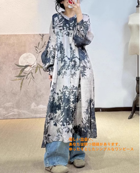 ハイエンド綿麻ゆったりロング水墨画シャツアート創作ワンピース