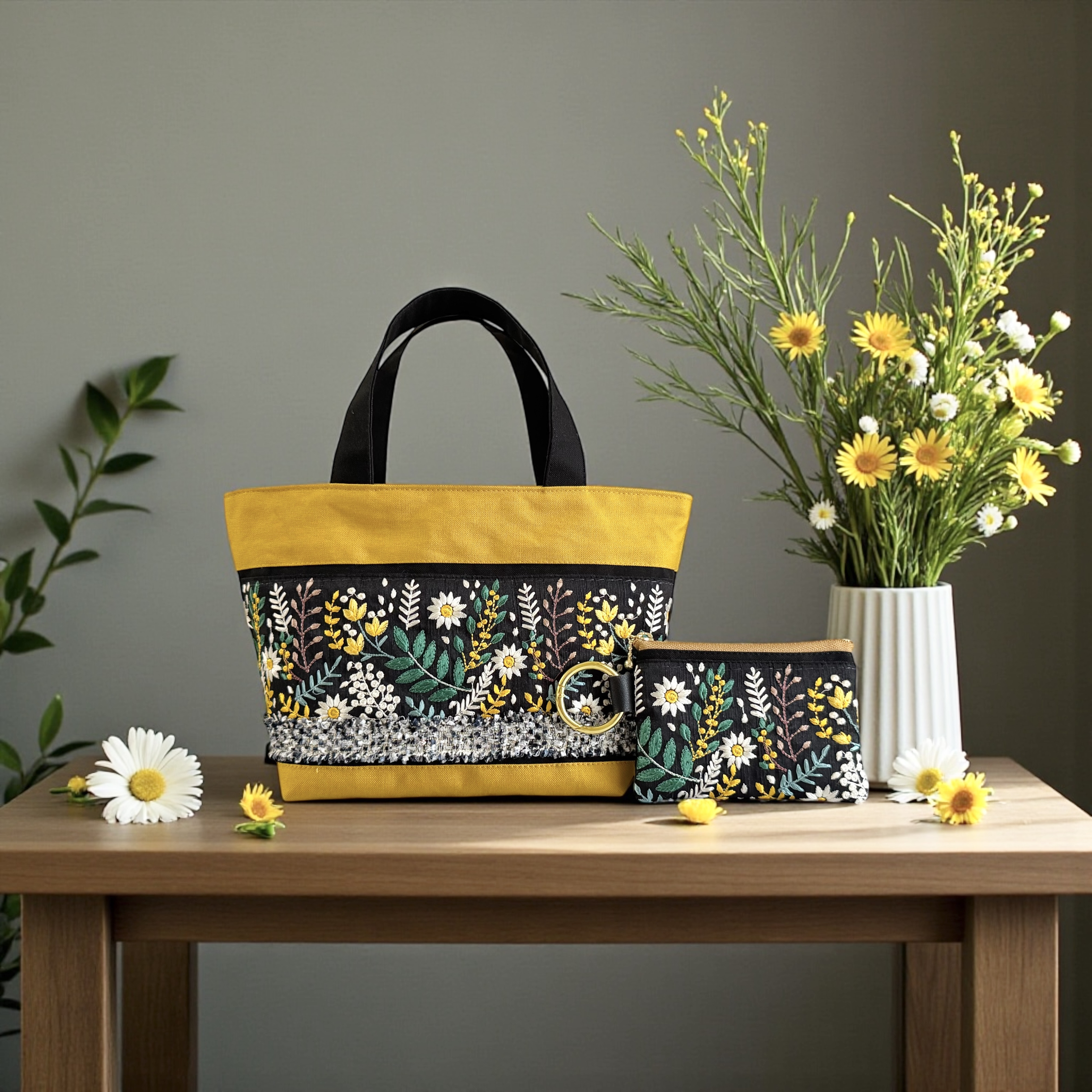 ミモザブラック/インド刺繍×帆布/トートバッグ＆ポーチセット