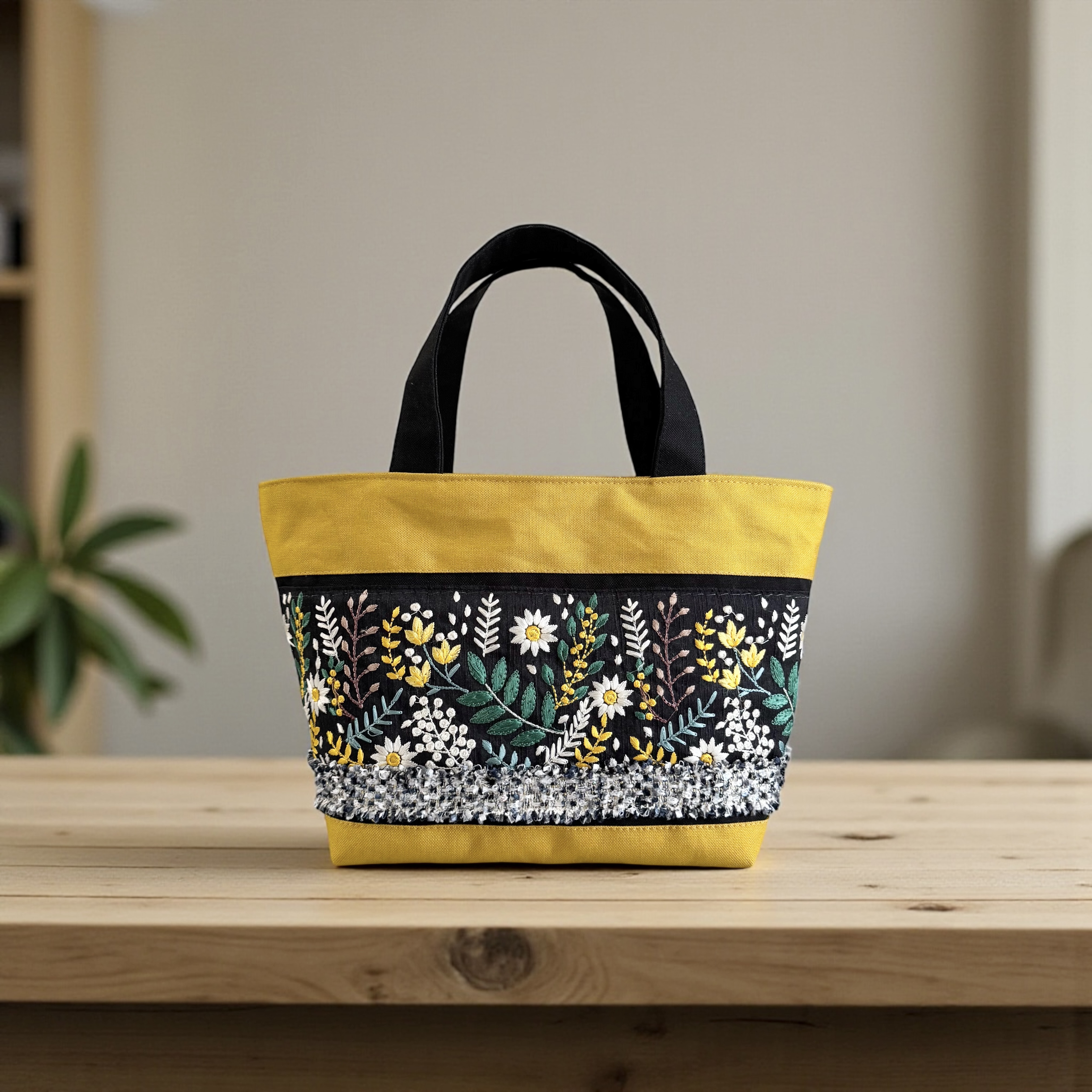 ミモザブラック/インド刺繍×キラキラツイード 帆布/トートバッグ