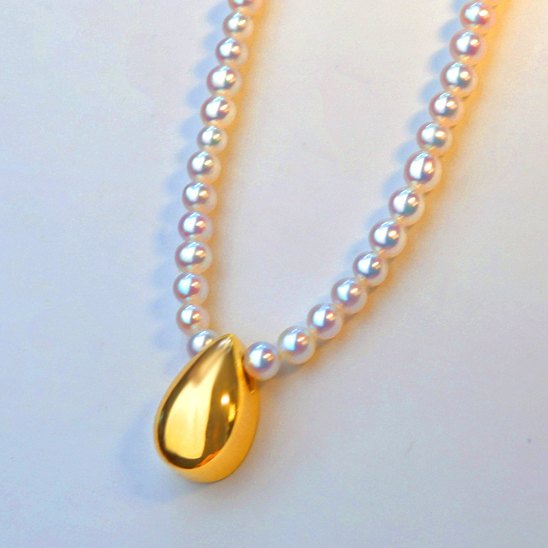 【La Corser】天然日本産3-4mmアコヤ海水真珠ネックレス 18Kゴールド ドロップペンダント 鎖骨チェーン 非常に強い