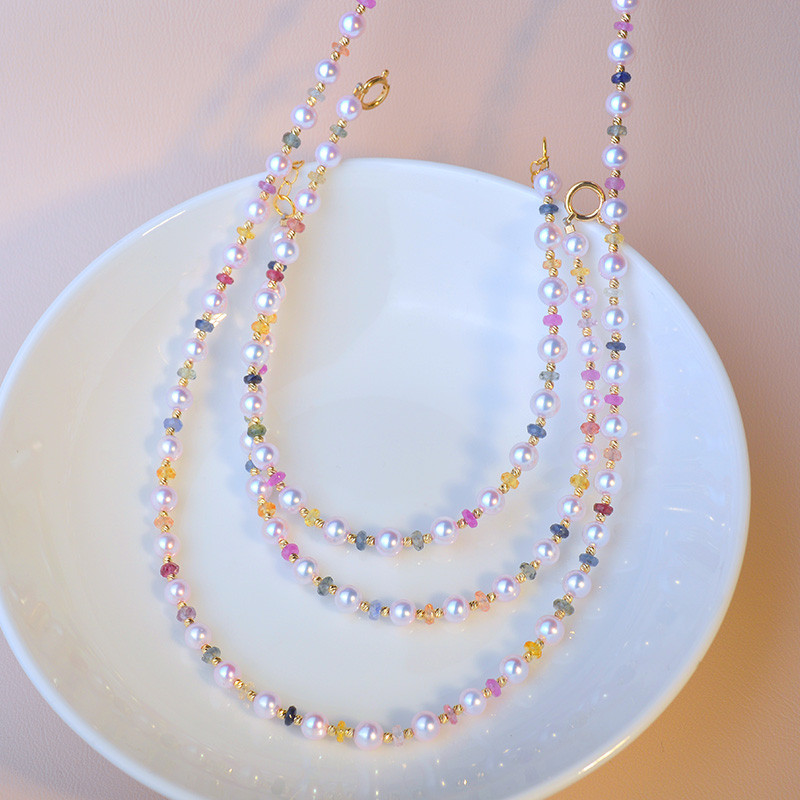 【La Corser】天然日本産3-4mmアコヤ真珠ネックレス 18Kゴールド ユニバーサルバックル サファイアカラージェムスト