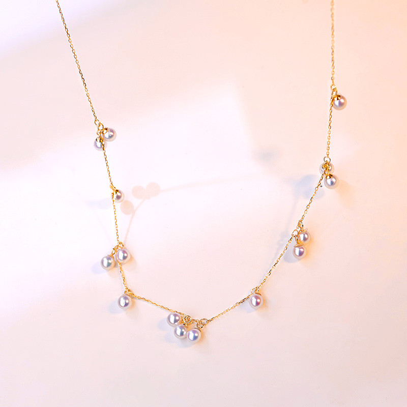 【La Corser】天然日本産3.5-4mmアコヤ海水真珠 星空ネックレス 18Kゴールド ミニパールネックレス 万能デザイン