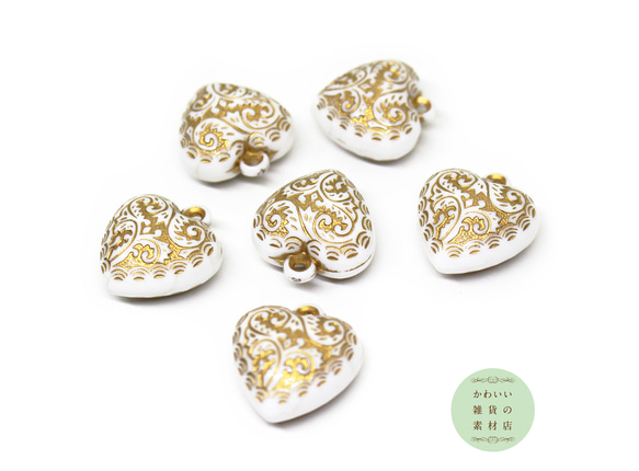 クラシカルなゴールドの唐草模様のついたぷっくりとしたハートのアクリルチャーム（白ホワイト） 6個セット #CA-0003 1枚目の画像