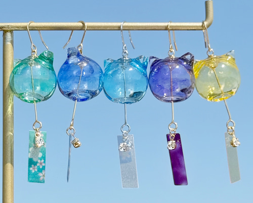 SALE✩.*˚猫乗り風鈴 和風 ヨーヨー ピアス イヤリング ピンク SALE✩.*˚猫乗り風鈴 和風 ヨーヨー ピアス イヤリング ピンク