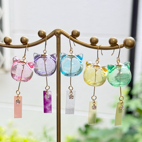 ちょっこり♡風鈴風にゃんこ♡ロシアンブルー ピアス/イヤリング★ 全8色】ねこりん –猫風鈴のピアス／イヤリング イヤーカフも 猫