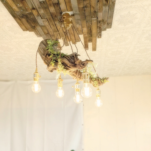 限定1台！流木のペンダントライト5灯 RUKIYA LED電球セット 天井照明