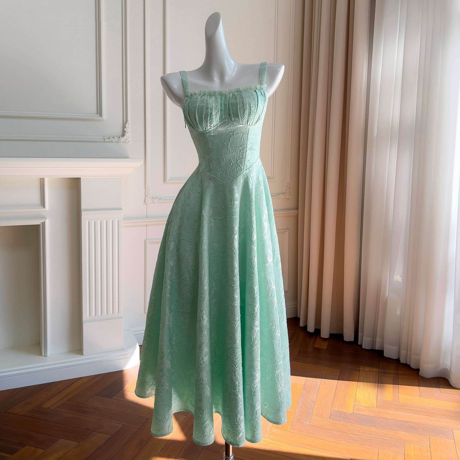 ドレス パーティー ウェディング ワンピース ロング プリンセス 緑 ジャガード 上品 優雅 韓国風 結婚式 お呼ばれ