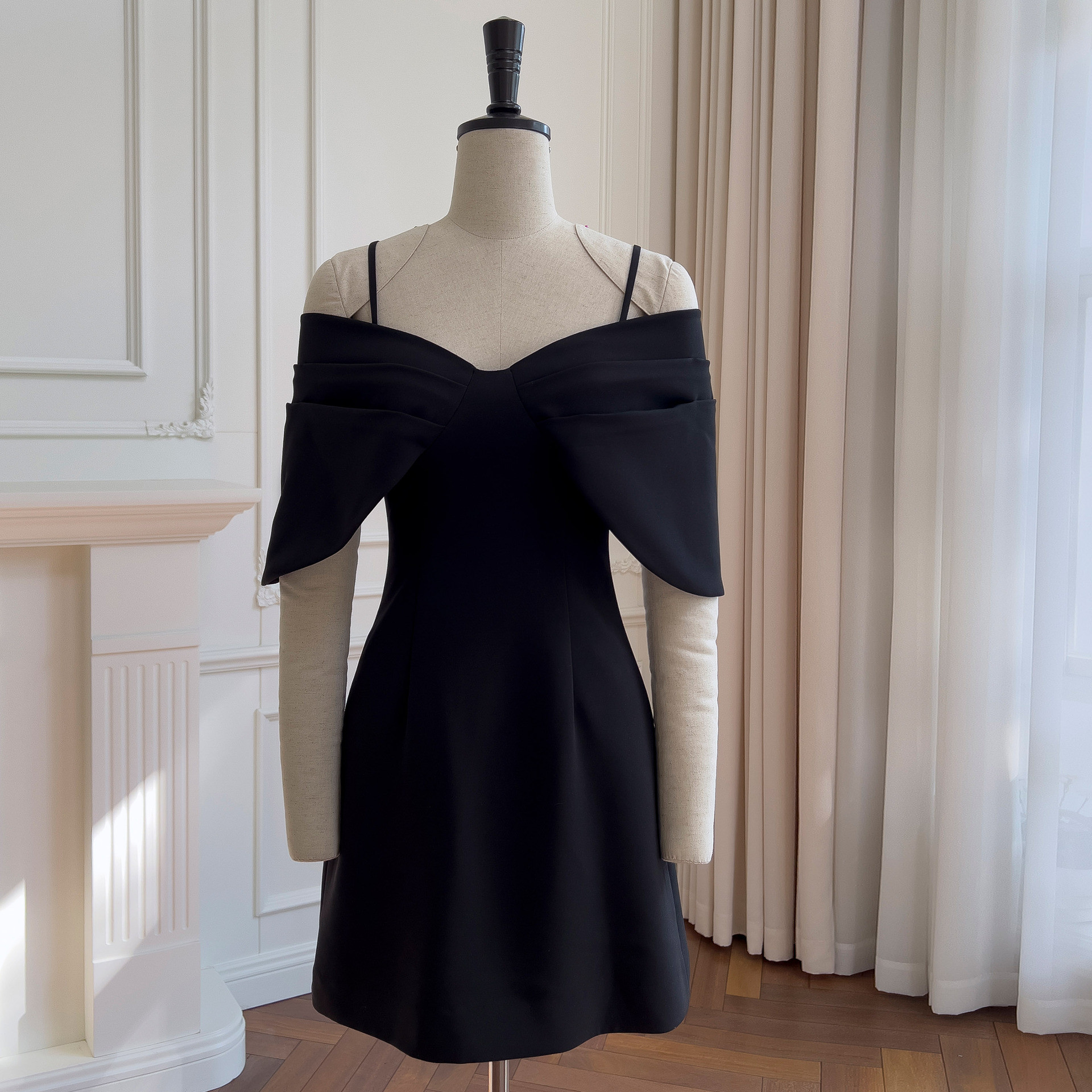 ドレス パーティー ウェディング ワンピース ショート プリンセス 黒 リボン 上品 優雅 韓国風 結婚式 お呼ばれ